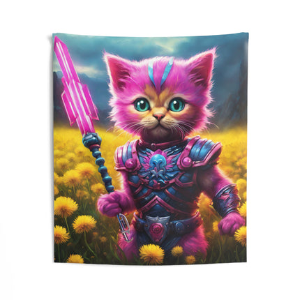 Warrior Cat Dandelion Art Tapestry, Pink Armored Kitten Neon Spear Wall Hanging, Yellow Flower Field Mystical Bed & Game Room Gift