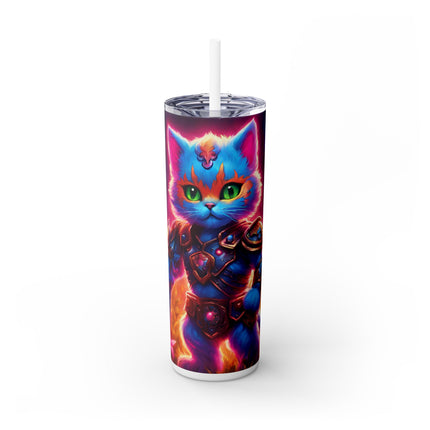 COSMIC BLUE WARRIOR CAT Skinny Tumbler - Neon Flower Field Armored Kitten Cup