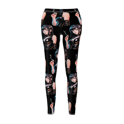 Cigarette Smoking Anime Girl Leggings, Black Tight Leather Outfit Sexy Cute Elastic Pants, Japan Cartoon Secret Agent Style Womens Bottoms