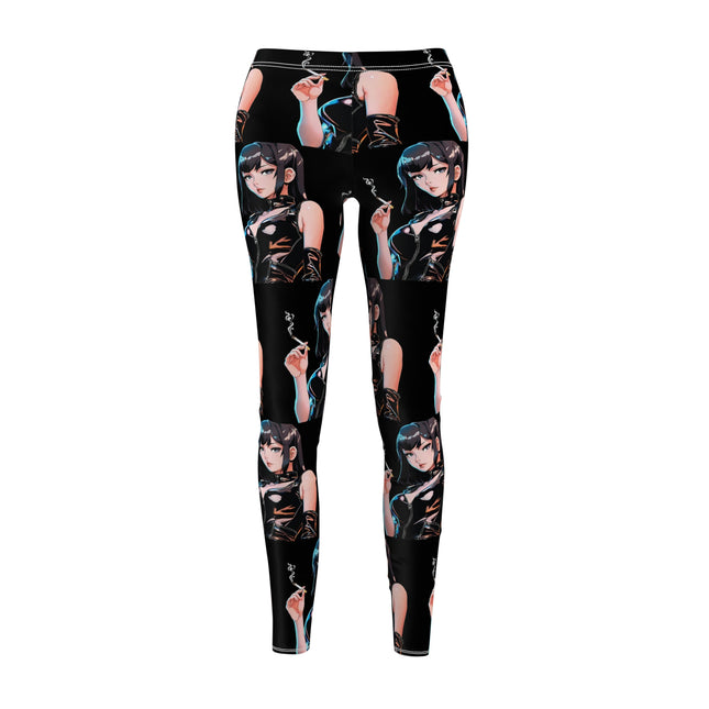 Cigarette Smoking Anime Girl Leggings, Black Tight Leather Outfit Sexy Cute Elastic Pants, Japan Cartoon Secret Agent Style Womens Bottoms