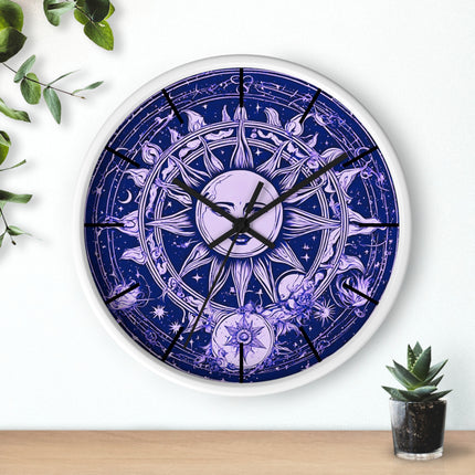 Amethyst Sun Wall Art Clock | Celestial Solstice Astronomy Wiccan Hanging | Moon & Constellations Home Office Solar System Pagan Decor Gift