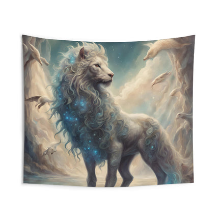 Majestic Myths Wall Art Decor | Mystical Sparkle Mane Lion Tapestry | Sky Cloud Fantasy Game Room Hanging | Mythological Bed Room Gift