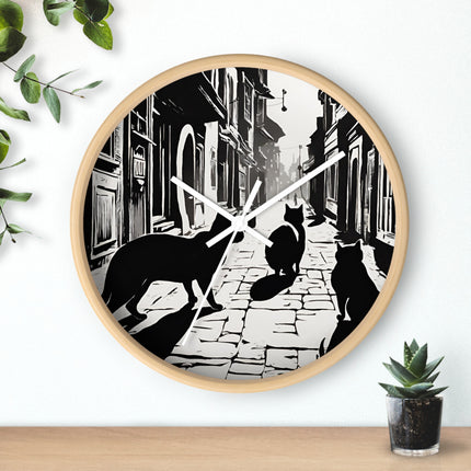 CAT TOWN ALLEYWAY Wall Clock - Vintage Cobblestone Street Cat Decor