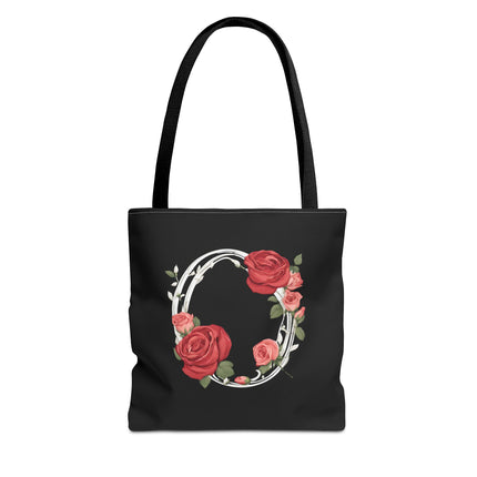 Custom Letter Personalized Tote | Rose Flowered Grocery Travel Bag | Floral Print Roses Office Laptop & Books or Exercise Overnight Carrier
