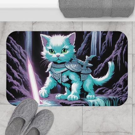 Cat Warrior Bath Mat, Kitten Bathroom Rug, Mystical Cave Waterfall Rug, Mystical Neon Sword Bath Print