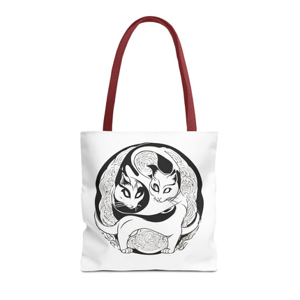 Cat Lovers Tote | Cats Yin Yang Style Grocery Bag | MEOW Chinese Print 2 Sided Office Carry All | School Supplies Kitten Carrier Tote