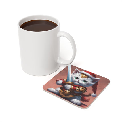Christmas Drink Coaster Kitten Drink Holder Santa Warrior Kitten Snow Sled Cat Lover Cork Coaster