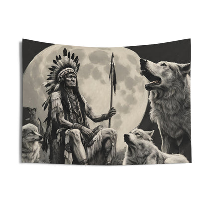 Indian Chief Wall Decor | Full Moon Night Sky Alpha Wolf Mountain Tapestry | Tribal Wolves Gift | Resting Native American Game Room Hanging
