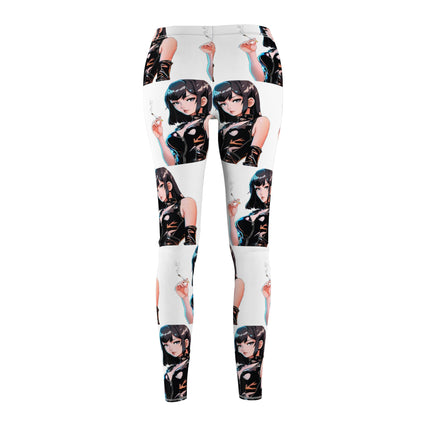 Cigarette Smoking Anime Girl Leggings, Black Tight Leather Outfit Sexy Cute Elastic Pants, Japan Cartoon Secret Agent Style Womens Bottoms