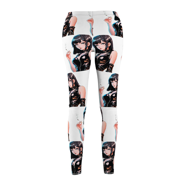 Cigarette Smoking Anime Girl Leggings, Black Tight Leather Outfit Sexy Cute Elastic Pants, Japan Cartoon Secret Agent Style Womens Bottoms