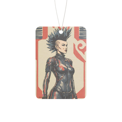 Futuristic Rebel Mohawk Girl Car Air Freshener, Leather Clad Sexy Woman Scented Gift, Neo Future Cyber Punk Outlaw Truck Auto Accessory
