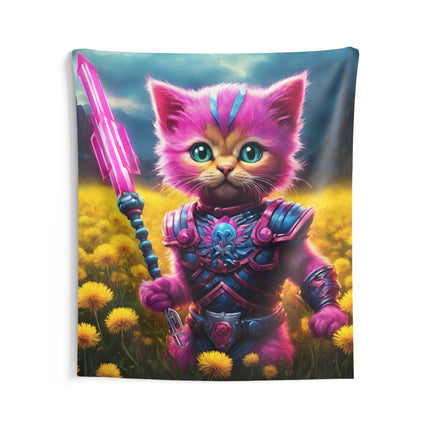 Warrior Cat Dandelion Art Tapestry, Pink Armored Kitten Neon Spear Wall Hanging, Yellow Flower Field Mystical Bed & Game Room Gift