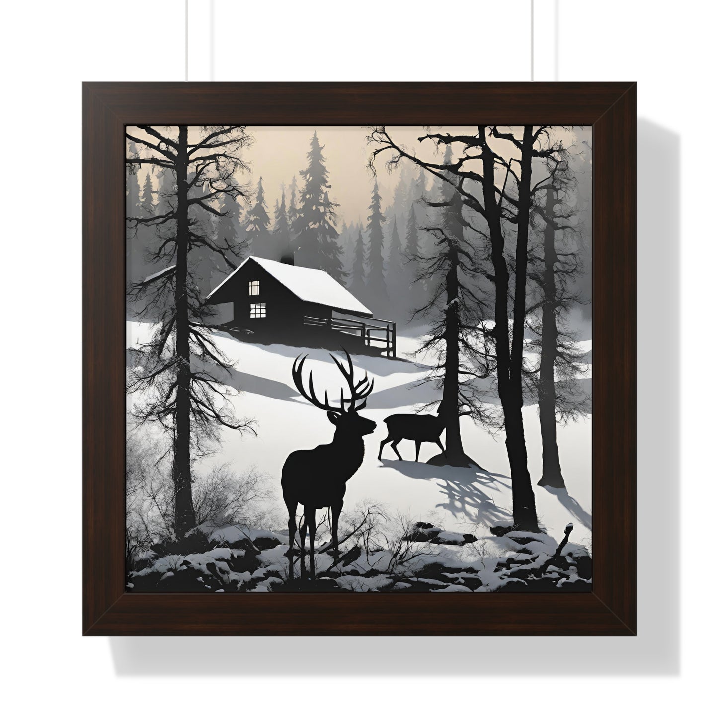 Animal Wall Art, Deer Hunter Picture, Buck Print, Hunting Cabin, Shadow Wall Hanging, Winter Snow Image, Living Room Poster, Framed Art
