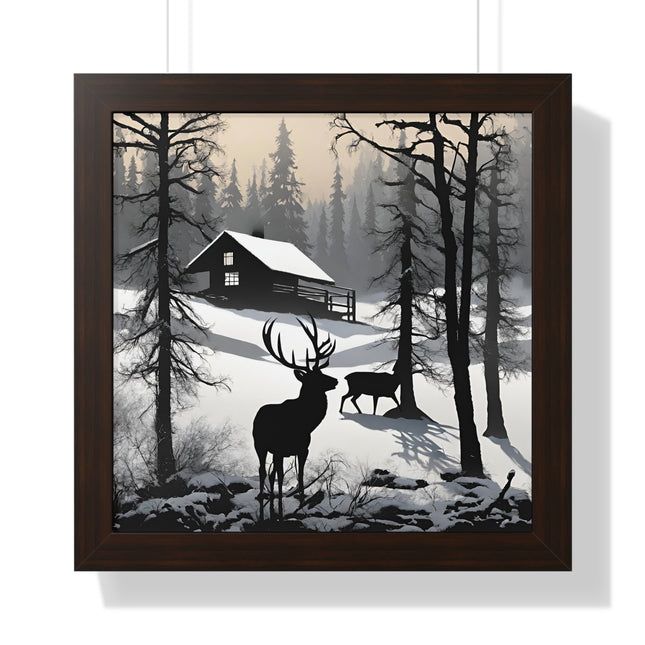 WINTER BUCK SHADOW - Deer Hunter Cabin Framed Wall Art