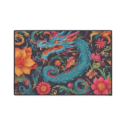 Japanese Dragons Floral Heavy Duty Floor Mat | Flower Pattern Style Serpent Bathroom Decor | Entryway Flowered Chinese Dragon Lover Gift