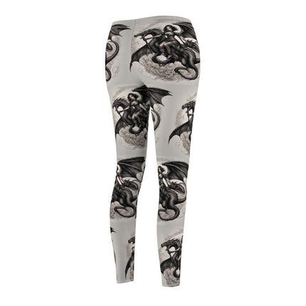 Women's Goth Medieval Dragon Casual Leggings, Reptile Riding Beauty Elastic Bottoms, Tight Black and Beige Cream Pants