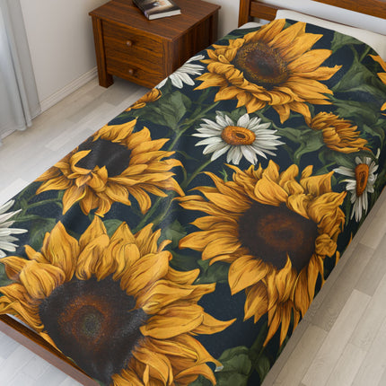Sunflowers & Daisies Blanket, Spring or Summer Couch Plush Throw, Yellow and White Flower Bed Cover, Country Home Warm Bedroom Cozy Sheet