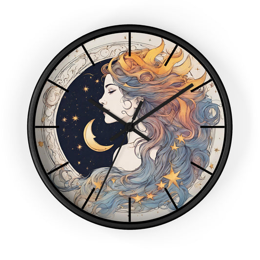 Moon Goddess Lined Wall Art Clock | Lunar Stars & Space Astronomy Wall Hanging | Woman of Time Home Office Solar System Wall Decor Gift