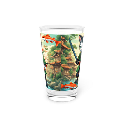Samurai Warrior Cat Drinking Glass, Japanese Koi Fish Kitten Drink Cup, Sword Blade Ninja Village Pint Glass, 16 oz. Dinnerware