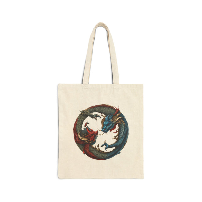 Chinese Dragon Yin Yang Canvas Tote, Red and Blue Twin Reptile Circle Bag, Grocery Shopping Cotton Carrier Traveler