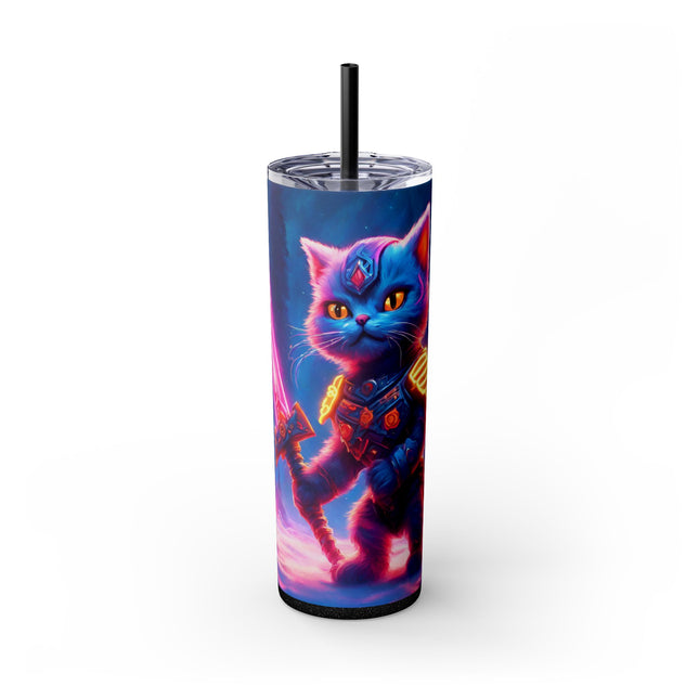 COSMIC NEON WARRIOR CAT Skinny Tumbler - Pink Glowing Sword Snow Kitten Cup