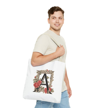 Custom Letter Personalized Tote | Rose Flowered Grocery Travel Bag | Floral Print Roses Office Laptop & Books or Exercise Overnight Carrier