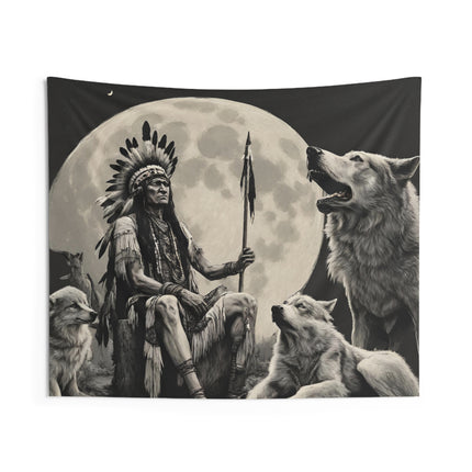 Indian Chief Wall Decor | Full Moon Night Sky Alpha Wolf Mountain Tapestry | Tribal Wolves Gift | Resting Native American Game Room Hanging