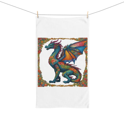 Floral Dragon Hand Towel | Flower Pattern Winged Serpent Decor | Bathroom Accent Drying Cloth | Spring & Summer Flying Lizard Polyester Gift