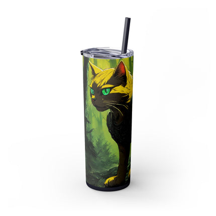 NEON YELLOW WARRIOR CAT Skinny Tumbler - Mystical Glowing Forest Kitty Cup