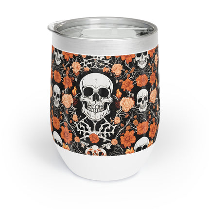 SKULL AND FLOWERS Wine Tumbler - Bone Flower Garden Pattern Wine Cooler