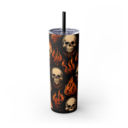 FIRE FLAMES AND SKULLS Skinny Tumbler - Skeleton Biker Motorcycle Insulated Cup