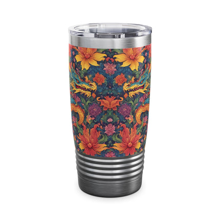 Dragon Tumbler | Japanese Flower Pattern Drink Companion | Floral Japan Insulated Travel Mug | Exercise Office College Road Trip Coffee Gift