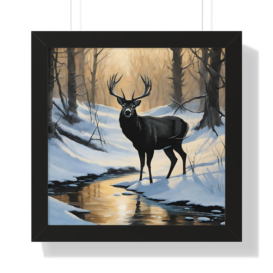 Animal Wall Art, Deer Hunter Picture, Big Buck Print, Woods, Creek, Shadow Wall Hanging, Sunset Snow Image, Living Room Poster, Framed Art