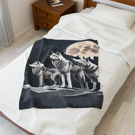 Moon Wolves Blanket | Night Sky Mountain Wolf Pack Bed Throw | Starry Dark Full Lunar Gift | Wooded Wild Dogs Bedroom Light Warm Comforter