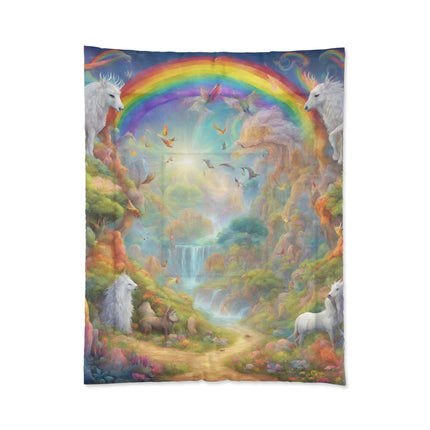 Mystical Horses Rainbow Girls Bedroom Twin Comforter, Fantasy Dreams Toddler Childrens Bed Blanket