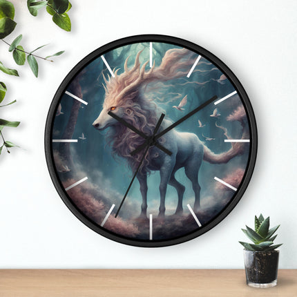 Majestic Myths Art Clock | Floral Flower Forest Horned Horse Wall Hanging | Mystical Maned Goat Fantasy Home Office Decor Gift