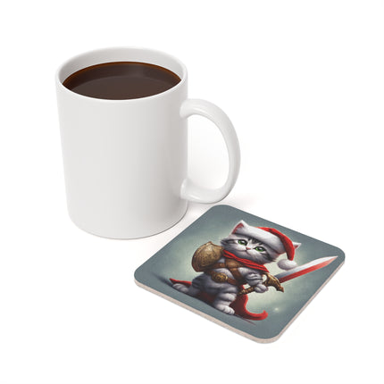 Christmas Drink Coaster Kitten Drink Holder Santa Warrior Kitten Snow Sled Cat Lover Cork Coaster