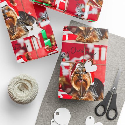 Dog Christmas Wrapping Paper Yorkshire Terrier, Santa Hat Yorkie Gift Wrap, Holiday Gift Wrap Roll