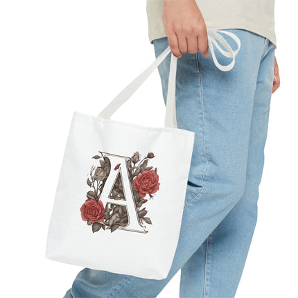 Custom Letter Personalized Tote | Rose Flowered Grocery Travel Bag | Floral Print Roses Office Laptop & Books or Exercise Overnight Carrier