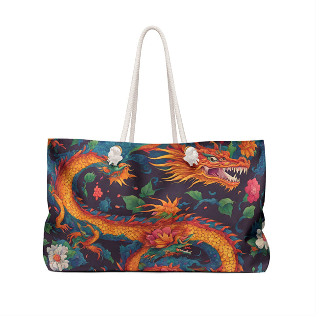 Custom Weekender | Japanese Dragon Travel Bag | Flowered Floral Serpent Japan Style Cruise Airplane & Hotel Road Trip Overnight Carrier