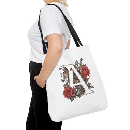 Custom Letter Personalized Tote | Rose Flowered Grocery Travel Bag | Floral Print Roses Office Laptop & Books or Exercise Overnight Carrier
