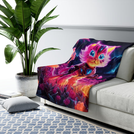 Neon Glowing Warrior Cat Blanket, Lush Flower Field Feline, Armored Kitten with Sword Plush Fleece Couch Sherpa, Kids Night Time Bed Cover