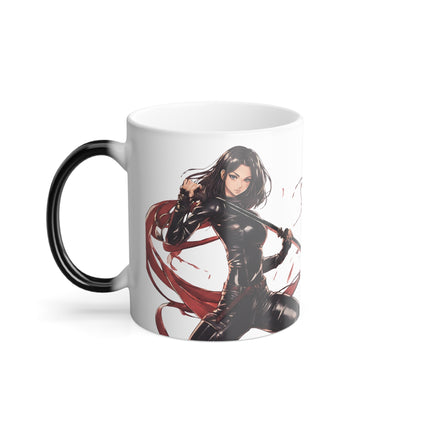 Anime Girl Color Changing Coffee Mug, Beautiful Leather Clad Japan Art Style Cup, Double Ended Katana Sword Blade Ninja Woman Gift Mug