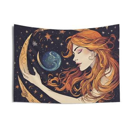 Moon Goddess Wall Decor | Lunar Space Shaping Astronomy Tapestry Gift | Astrology Woman Night Sky Stars Psychic & Tarot Bed Room Hanging