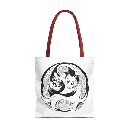 Cat Lovers Tote | Cats Yin Yang Style Grocery Bag | MEOW Chinese Print 2 Sided Office Carry All | School Supplies Kitten Carrier Tote