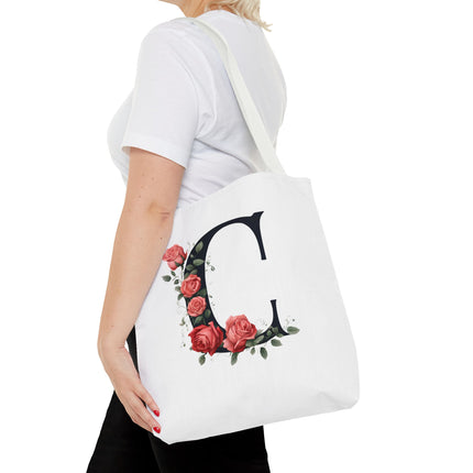 Custom Letter Personalized Tote | Rose Flowered Grocery Travel Bag | Floral Print Roses Office Laptop & Books or Exercise Overnight Carrier