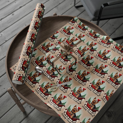 Dog Christmas Wrapping Paper, Yorkshire Terrier Sled Xmas Wrap, Santa Hat Yorkie Gift Wrap, Holiday Gift Wrap Roll