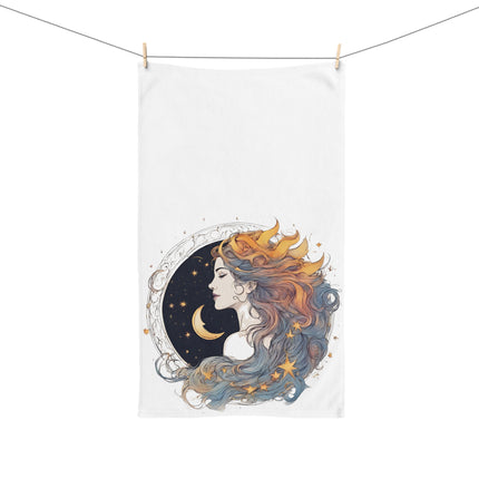Moon Goddess Hand Towel | Lunar Night Stars Decor | Bathroom Accent Drying Cloth | Astrology Starry Sky & Space Woman Polyester Gift