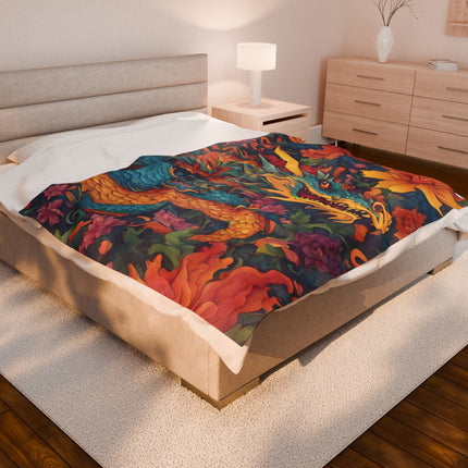 JAPANESE DRAGON FLOWER Blanket - Floral Asian Serpent Art Plush Throw