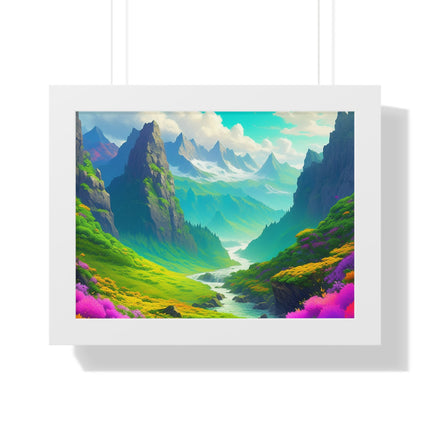 Fantasy Art Flower Mountain Valley, Landscape Framed Poster, Video Game Open World Scene Picture, River Spring Wall Hanging, Office Scenery